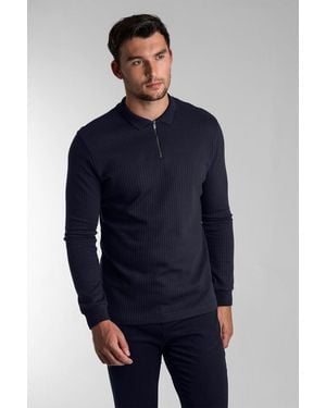 BoohooMAN Steel & Jelly Dark Navy Ribbed Jersey Long Sleeve Polo - Blue