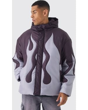 BoohooMAN Oversized Flame Quilted Hooded Puffer Jacket - Purple