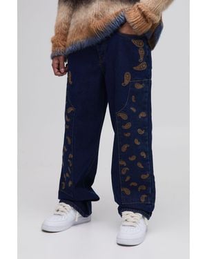 BoohooMAN Relaxed Fit Paisley Embroidered Jeans - Blue