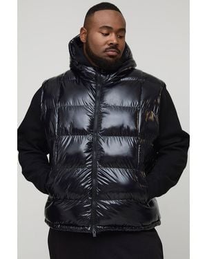 BoohooMAN Plus Regular Fit High Shine Quilted Hooded Puffer Gilet - Black