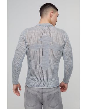 BoohooMAN Muscle Fit Open Stitch Cross Graphic Long Sleeve Knitted T-shirt - Grey