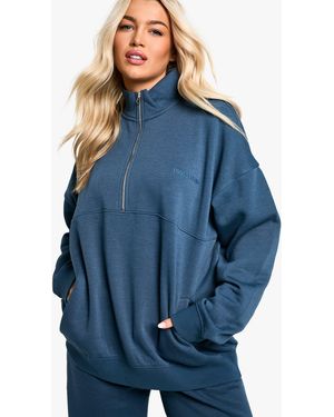 BoohooMAN Dsgn Studio Embroidered Half Zip Oversized Sweatshirt - Blue