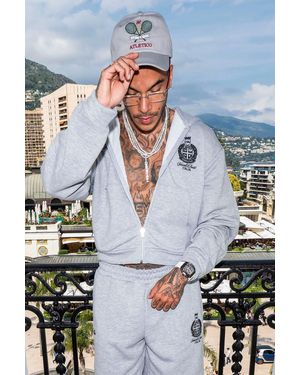 BoohooMAN Sfera Marl Shrunken Fit Embroidered Distressed Zip Through Hoodie - White