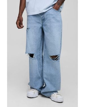 BoohooMAN Tall Baggy Rigid Distressed Jeans - Blue