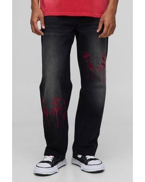 BoohooMAN Relaxed Floral Embroidery Denim Jeans - Black