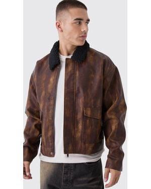 BoohooMAN Boxy Washed Pu Harrington Jacket With Borg Collar - Brown