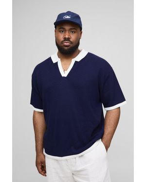 Boohoo Plus Contrast Knit Oversized Short Sleeve Rugby Polo - Blue