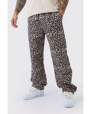 BoohooMAN Elasticated Waist Relaxed Heavyweight Tapestry Leopard Trousers - Grey