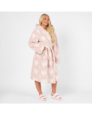 BoohooMAN Ohs Heart Dressing Gown Soft Teddy Marl Fleece Hooded Robe - Pink