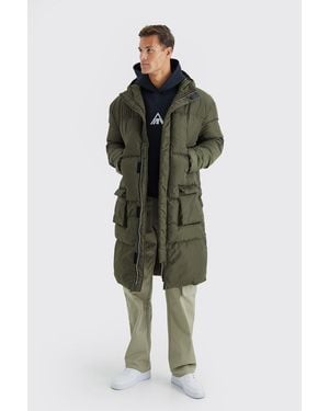 Boohoo Tall 4 Pocket Longline Hooded Puffer Jacket In Khaki - Green