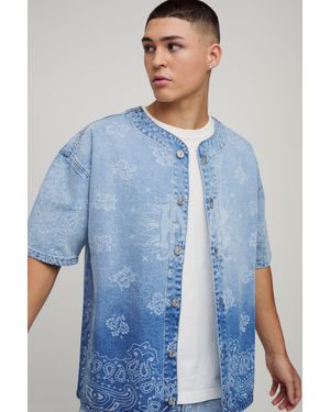 BoohooMAN Denim Bandana Laser Print Baseball Shirt - Blue