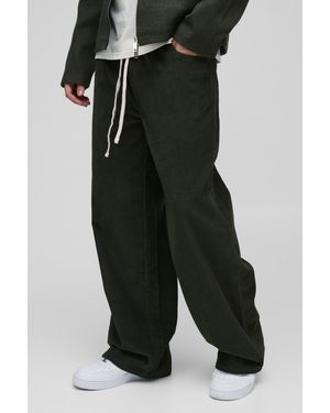 BoohooMAN Elasticated Waist Baggy Panel Waffle Corduroy Trousers - Black