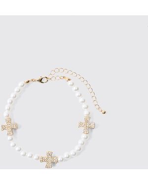 BoohooMAN Pearl Bracelet With Iced Cross Charms - Blue