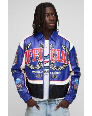 BoohooMAN Boxy Fit Official Pu Applique Collared Bomber Jacket - Blue
