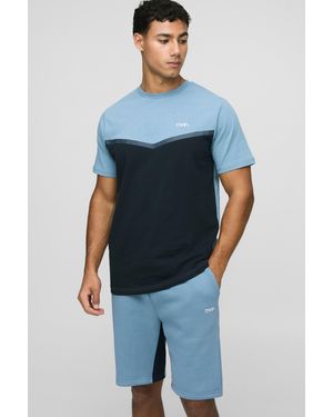 BoohooMAN Slim Fit Color Block T-Shirt And Short Set - Blue