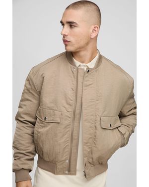 BoohooMAN Regular Fit Peached Crinkle Nylon Bomber Jacket - Natural