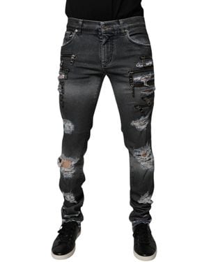BoohooMAN Dolce & Gabbana Zipper Detail Distressed Jeans - Dark Grey Trousers - Black