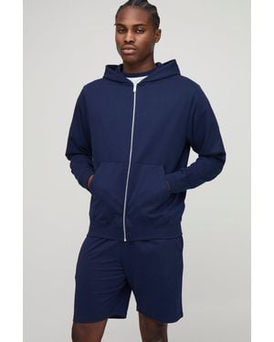 BoohooMAN 260Gsm Loopback Basic Regular Fit Zip Through Hoodie And Relaxed Fit Short Set - Blue