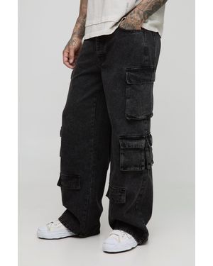 BoohooMAN Tall Relaxed Fit Acid Wash Cargo Jeans - Black