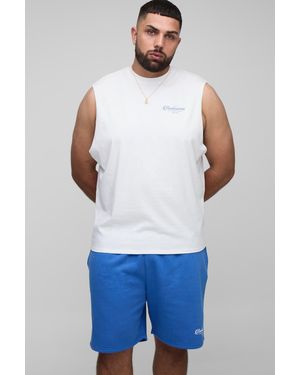 BoohooMAN Plus Drop Armhole Landscape Print Tank & Relaxed Short Set - White