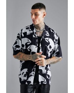 BoohooMAN Short Sleeve Viscose Skull Oversized Boxy Shirt - Grey