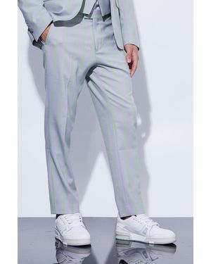 BoohooMAN Slim Crop Wide Stripe Suit Trouser - Blue