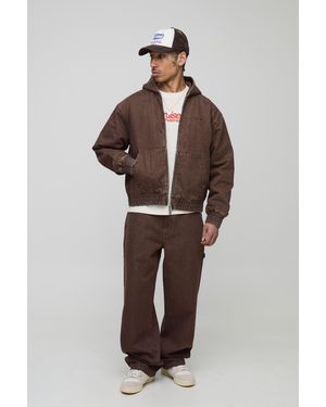 BoohooMAN Boxy Fit Padded Washed Twill Hooded Bomber Jacket - Brown