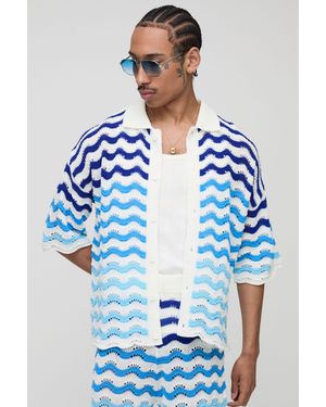BoohooMAN Regular Fit Crochet Stripe Knitted Shirt - Blue