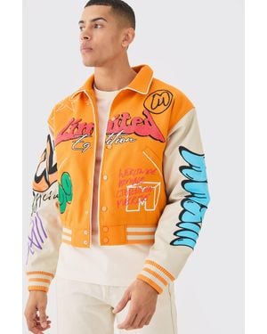 BoohooMAN Boxy Fit Graffiti Varsity Jacket - Orange