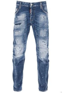 BoohooMAN Dsquared2 Tidy Biker Jean Paint Splash Reinforced Ripped Blue Jeans
