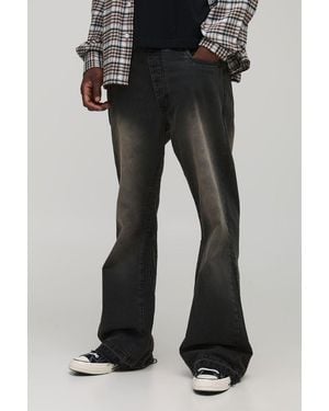 Boohoo Tall Washed Contrast Gusset Relaxed Flared Jeans - Negro