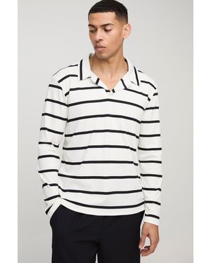 BoohooMAN Regular Fit Long Sleeve Rib Stripe Revere Polo - Grey