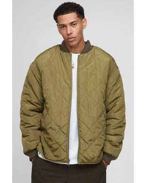 BoohooMAN Oversized Fit Nylon Panel Borg Reversible Quilted Bomber Jacket - Green