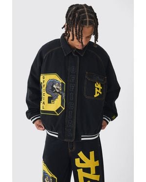 BoohooMAN Oversized Denim Varsity Applique Bomber Jacket - Gray