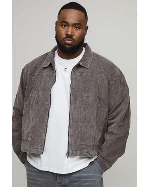 BoohooMAN Plus Washed Cord Relaxed Boxy Worker Jacket - Gray