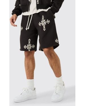 BoohooMAN Oversized Mid Length Cross Print Shorts - Black