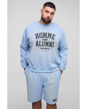 BoohooMAN Plus Homme Spray Wash Regular Fit Sweatshirt & Short Set - Blue