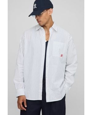 BoohooMAN Super Oversized Embroidered Striped Collared Shirt - White