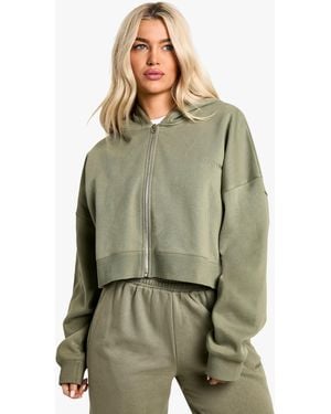 BoohooMAN Dsgn Studio Embroidered Boxy Crop Zip Through Hoodie - Green