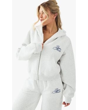 BoohooMAN Dsgn Studio Contrast Script Boxy Crop Zip Through Hoodie - White