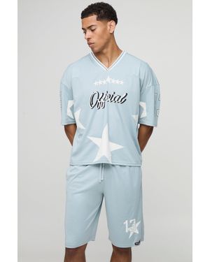 BoohooMAN Oversized Official Star Varsity Mesh T-Shirt & Short Set - Blue