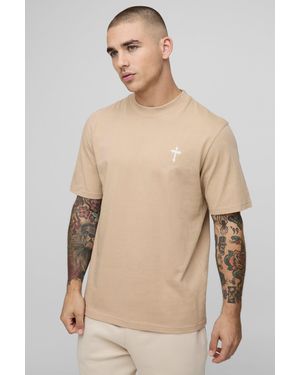 BoohooMAN Regular Fit Embroidered Cross Extended Neck T-shirt - Natural