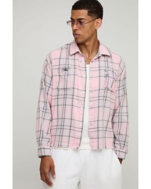 BoohooMAN Oversized Boxy Distressed Long Sleeve Flannel Shirt - Pink