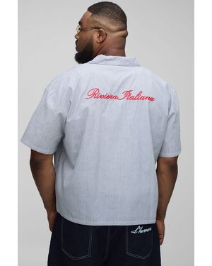 BoohooMAN Plus Oversized Boxy Revere Stripe Embroidered Shirt - Gray
