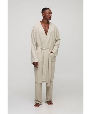 BoohooMAN Waffle Robe & Relaxed Fit Bottoms - Natural