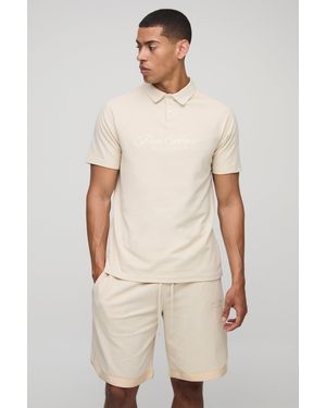 BoohooMAN Regular Fit Homme Raglan Embroidered Pique Polo - Natural