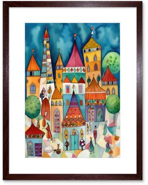 BoohooMAN Artery8 Wall Art Print Town Market Square Afternoon Shoppers Folk Art Watercolour Painting Artwork Framed 9x7 Inch - Blue