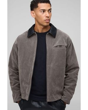 BoohooMAN Oversized Boxy Contrast Collar Faux Suede Harrington Jacket - Gray