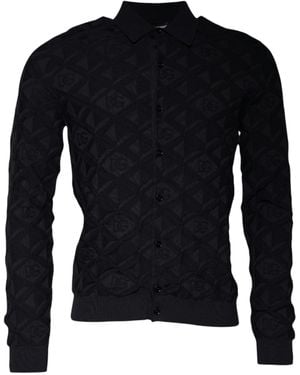 BoohooMAN Dolce & Gabbana Knit Cardigan Geometric Pattern Long Sleeves - Black Jumpers
