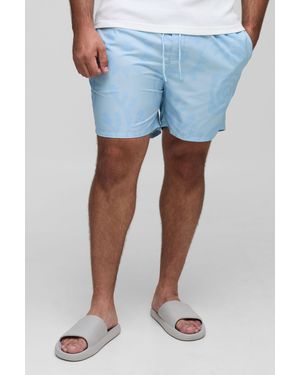 BoohooMAN Plus Tonal Printed Mid Length Swim Trunks - Blue